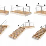 Przykłady balustrad i schodów, pokazujące różne wymiary klatki schodowej w budynku wielorodzinnym.