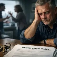 Zmartwiony mężczyzna siedzi przy stole, na którym leży wniosek o dział spadku i klucze. W tle kłótnia.