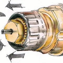 Ilustracja pokazuje mechanizm termostatu grzejnikowego, wyjaśniając jak założyć termostat na grzejnik. Strzałki wskazują ruch obrotowy i montaż.