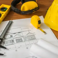 Projekt domu, miarka, poziomica, suwmiarka i kask – narzędzia do weryfikacji, czy budynek odebrany ale niezgodny z projektem.