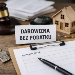Urzędowe dokumenty, młotek sędziowski i miniatury domu i auta sugerują, że przygotowywana jest umowa darowizny pieniędzy, być może w celu uniknięcia podatku.