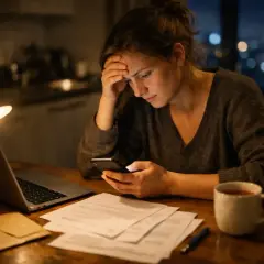 Zmartwiona kobieta sprawdza telefon przy biurku. Na stole laptop, dokumenty i kubek herbaty. Może chodzi o darowiznę od rodziców limit?