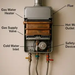 Gazowy podgrzewacz wody z widocznym odprowadzeniem spalin (flue). Przepisy dotyczące instalacji są kluczowe.