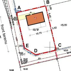 Plan działki z zaznaczonym budynkiem i wymiarami. Określa warunki zabudowy dla terenu 115/19.