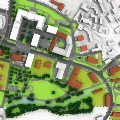 Wizualizacja mpzp: nowoczesna zabudowa mieszkalna i usługowa, tereny zielone, park, zbiornik wodny, drogi.
