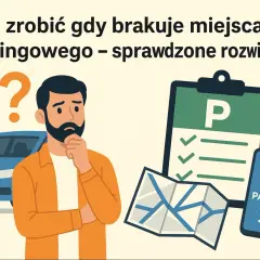 Zastanawiasz się nad pismem do spółdzielni w sprawie parkingu? Ilustracja pokazuje mężczyznę z pytajnikiem, mapę, znak parkingowy i listę kontrolną.