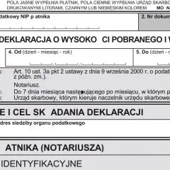Deklaracja PCC-2 dotycząca podatku od zakupu nieruchomości. Wypełnia ją notariusz, podając dane płatnika i okres rozliczeniowy.