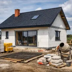Budowa domu parterowego 80m2 w toku. Beton, pustaki, zbrojenie i betoniarka czekają na dalsze prace.