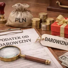 Dokument "Podatek od darowizny", prezent, monety i worek z napisem PLN. Rodzice dokonali darowizny.