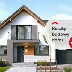 Nowoczesny dom z garażem i balkonem. Na zdjęciu tekst "Koszty budowy domu 150 m²", który odpowiada na pytanie, ile realnie kosztuje budowa domu.