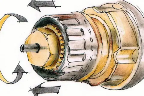Ilustracja pokazuje mechanizm termostatu grzejnikowego, wyjaśniając jak założyć termostat na grzejnik. Strzałki wskazują ruch obrotowy i montaż.