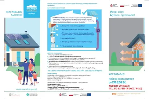 Plakat informuje o dotacjach na ocieplenie budynku i wymianę ogrzewania w ramach programu "Czyste Powietrze".