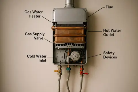 Gazowy podgrzewacz wody z widocznym odprowadzeniem spalin (flue). Przepisy dotyczące instalacji są kluczowe.