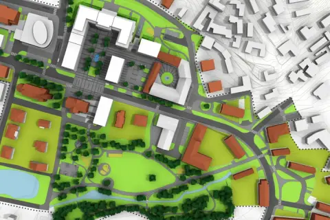 Wizualizacja urbanistyczna z budynkami, zielenią i drogami. Pokazuje, jak ominąć plan zagospodarowania przestrzennego, tworząc nowe rozwiązania.