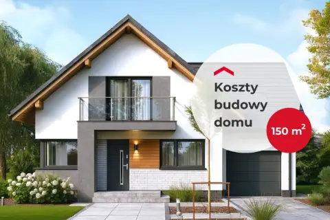 Nowoczesny dom z garażem i balkonem. Na zdjęciu tekst "Koszty budowy domu 150 m²", który odpowiada na pytanie, ile realnie kosztuje budowa domu.