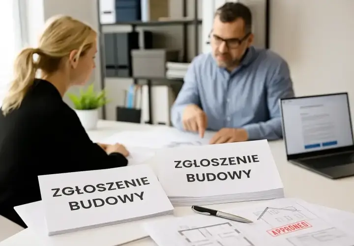Kobieta i mężczyzna omawiają dokumenty "Zgłoszenie budowy", zgodnie z art. 29 prawa budowlanego. Na stole plany i laptop.