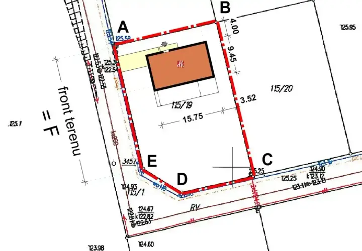 Plan działki z zaznaczonym budynkiem i wymiarami. Określa warunki zabudowy dla terenu 115/19.