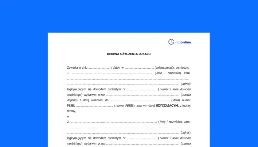 Formularz umowy użyczenia lokalu, zawierający pola do wpisania danych stron, daty i miejsca zawarcia umowy.