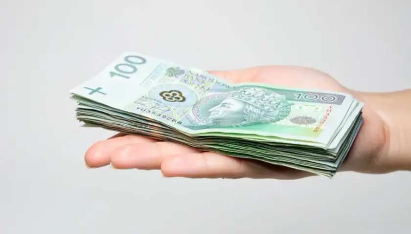 Dłoń trzyma stos banknotów 100 zł. Jak wypełnić wniosek SD-Z2?