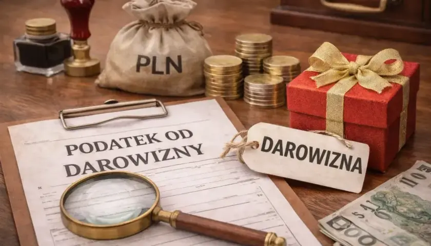 Dokument "Podatek od darowizny" obok prezentu, worka z PLN i monet. Uważne czytanie umowy darowizny.