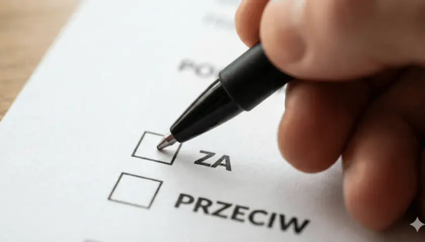 Dłoń z długopisem zaznacza opcję "ZA" na dokumencie. To ważny krok w zwołaniu zebrania wspólnoty mieszkaniowej przez właścicieli lokali.