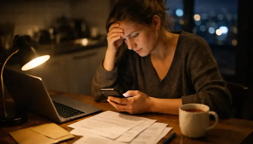 Zmartwiona kobieta sprawdza telefon przy biurku. Na stole laptop, dokumenty i kubek herbaty. Może chodzi o darowiznę od rodziców limit?
