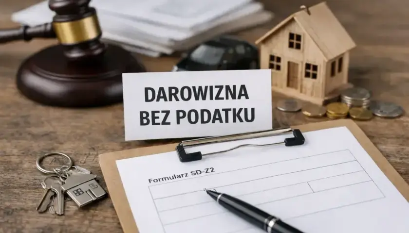 Klucze do domu, młotek sędziowski i formularz SD-Z2. To wszystko symbolizuje darowiznę od dziadków, która może być zwolniona z podatku.