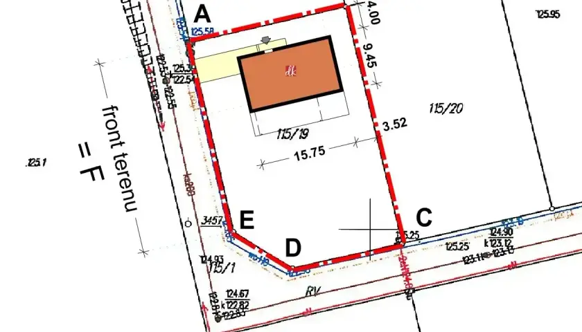 Plan działki z zaznaczonym budynkiem i wymiarami. Określa warunki zabudowy dla terenu 115/19.