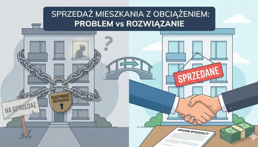 Zablokowane mieszkanie z "służebnością dożycia" na sprzedaż po lewej, po prawej udane transakcje i umowa sprzedaży.