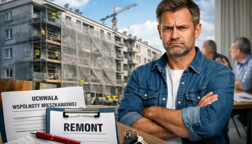 Zmartwiony mężczyzna na tle remontowanego bloku. Na pierwszym planie dokumenty dotyczące remontów we wspólnocie mieszkaniowej i klucze.