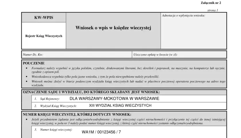 Formularz wniosku o wpis do księgi wieczystej, dotyczący numeru WA1M/00123456/7. Wniosek o wykreślenie hipoteki.