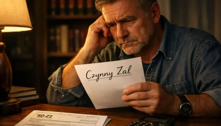 Zamyślony mężczyzna analizuje dokumenty, być może dotyczące podatku od spadku po rodzicach. Na stole leży formularz SD-Z2 i kalkulator.
