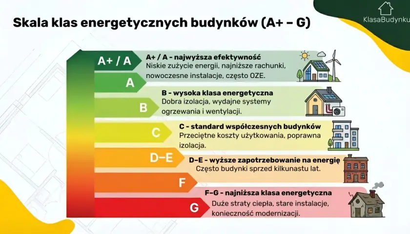 Skala klas energetycznych budynków (A+ - G) pokazuje charakterystykę energetyczną budynków, od A+ (najwyższa efektywność) do G (najniższa).