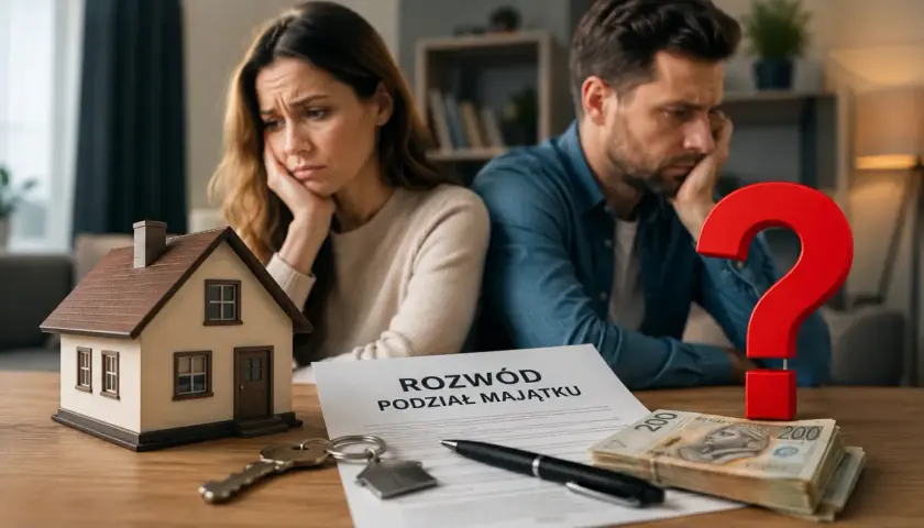 Para zmartwiona przy stole z dokumentem "Rozwód Podział Majątku", miniaturką domu, kluczami, pieniędzmi i znakiem zapytania.
