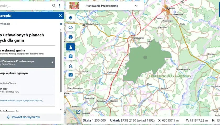 Plan ogólny Gminy Wąsosz widoczny na mapie, z zaznaczonym Biebrzańskim Parkiem Narodowym.