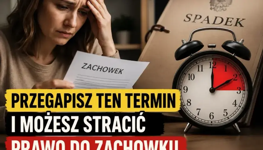 Zmartwiona kobieta trzyma dokument "Zachowek". Obok budzik i akta "Spadek". Uważaj na przedawnienie, by nie stracić prawa do zachowku.