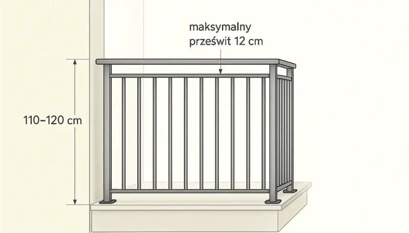 Wysokość balustrady balkonowej 110-120 cm. Maksymalny prześwit między elementami to 12 cm, zapewniając bezpieczeństwo.