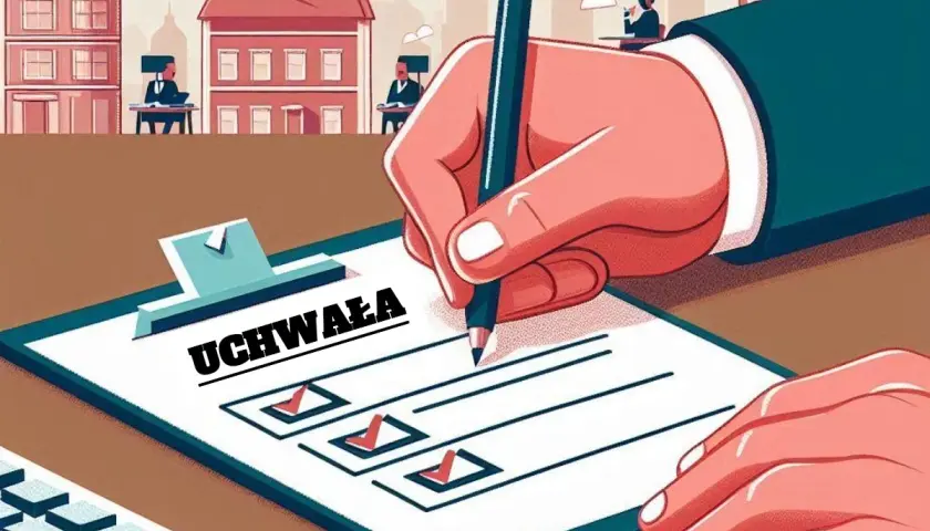 Ręka pisze uchwałę na tablicy. W tle budynki, sugerujące dużą wspólnotę mieszkaniową i przepisy.