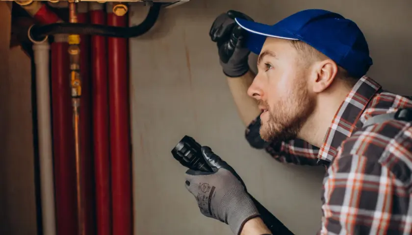 Instalator z latarką bada instalację, sprawdzając pion wodny i rury.