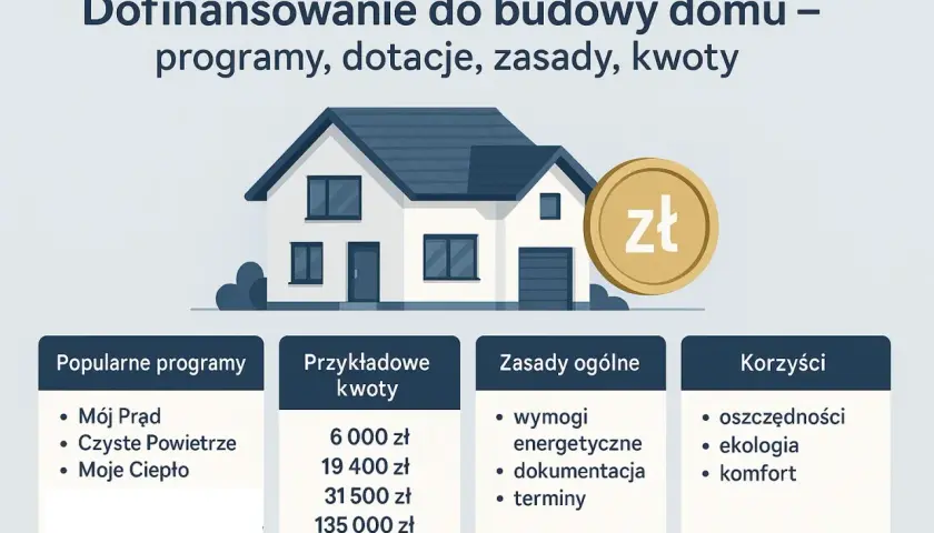 Dofinansowanie do budowy domu: programy, dotacje, zasady i kwoty. Ilustracja domu z monetą zł.
