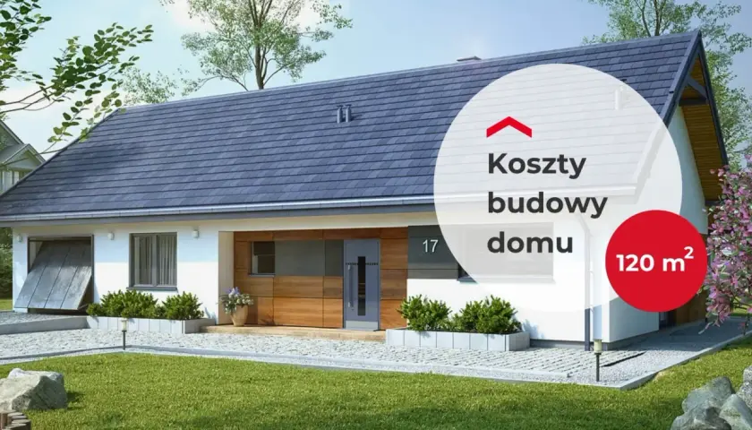 Nowoczesny dom z garażem, zielony trawnik. Na zdjęciu tekst: "Koszty budowy domu 120 m²".