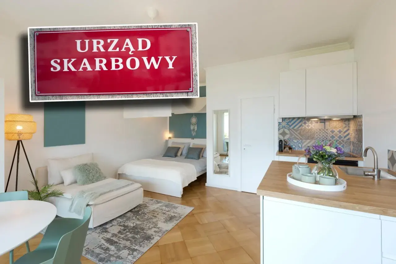 Urzad Skarbowy kontroluje wspólnotę mieszkaniową. Wnętrze mieszkania z sypialnią i aneksem kuchennym.