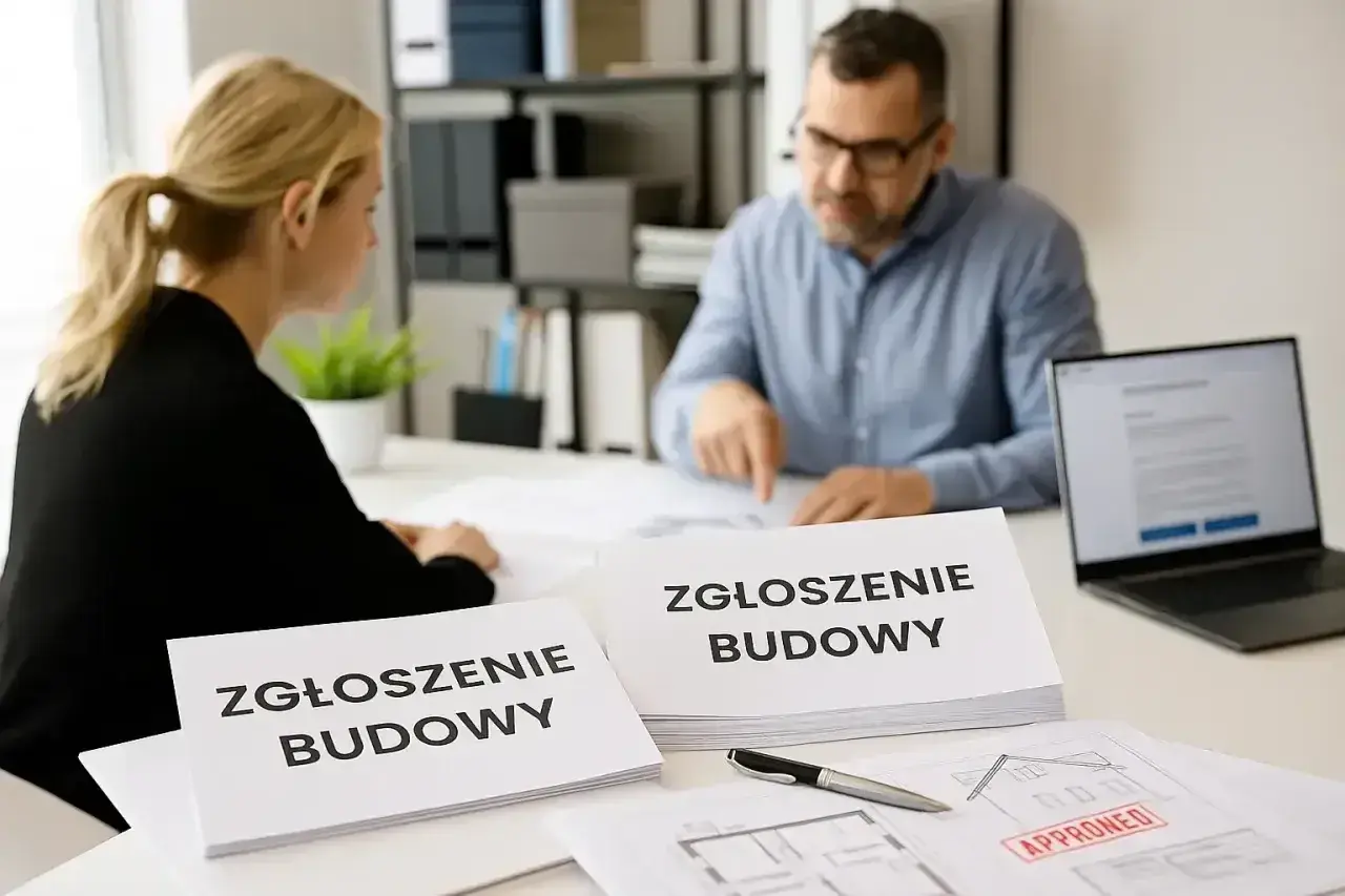 Kobieta i mężczyzna omawiają dokumenty "Zgłoszenie budowy", zgodnie z art. 29 prawa budowlanego. Na stole plany i laptop.