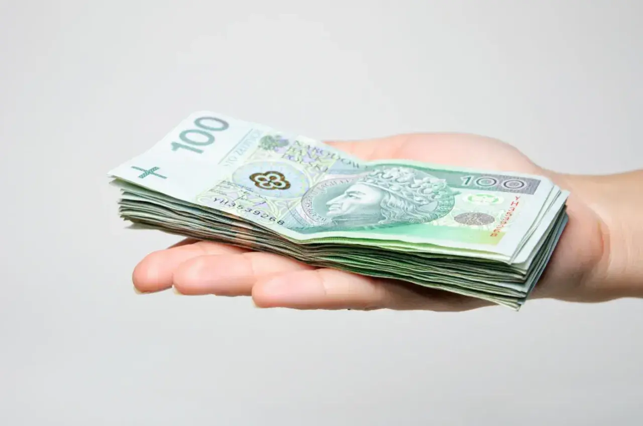 Dłoń trzyma stos banknotów 100 zł. Jak wypełnić wniosek SD-Z2?