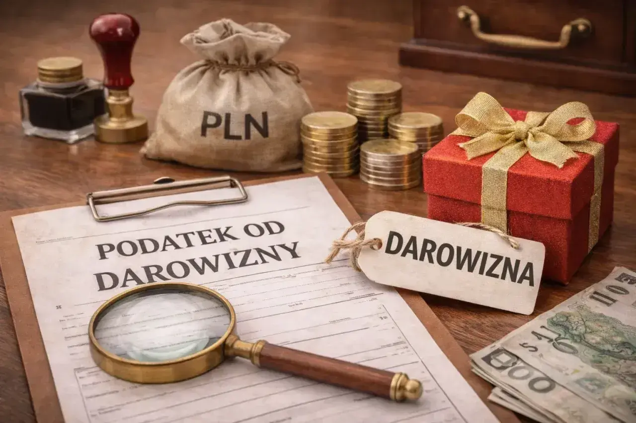 Dokumenty, lupa i prezent wskazują na podatek od spadków i darowizn. Pieniądze i pieczęć sugerują formalności.