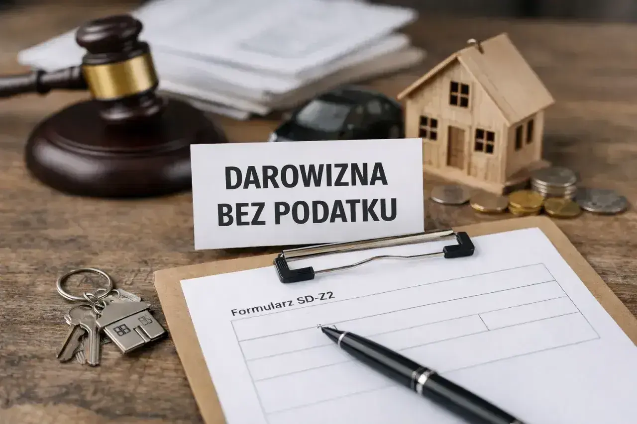 Klucze do domu, młotek sędziowski i formularz SD-Z2. To wszystko symbolizuje darowiznę od dziadków, która może być zwolniona z podatku.