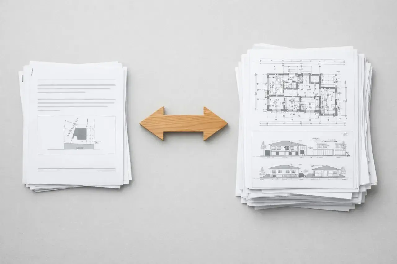 Stos dokumentów z planami architektonicznymi i schematami, symbolizujący proces zgłoszenia budowy.