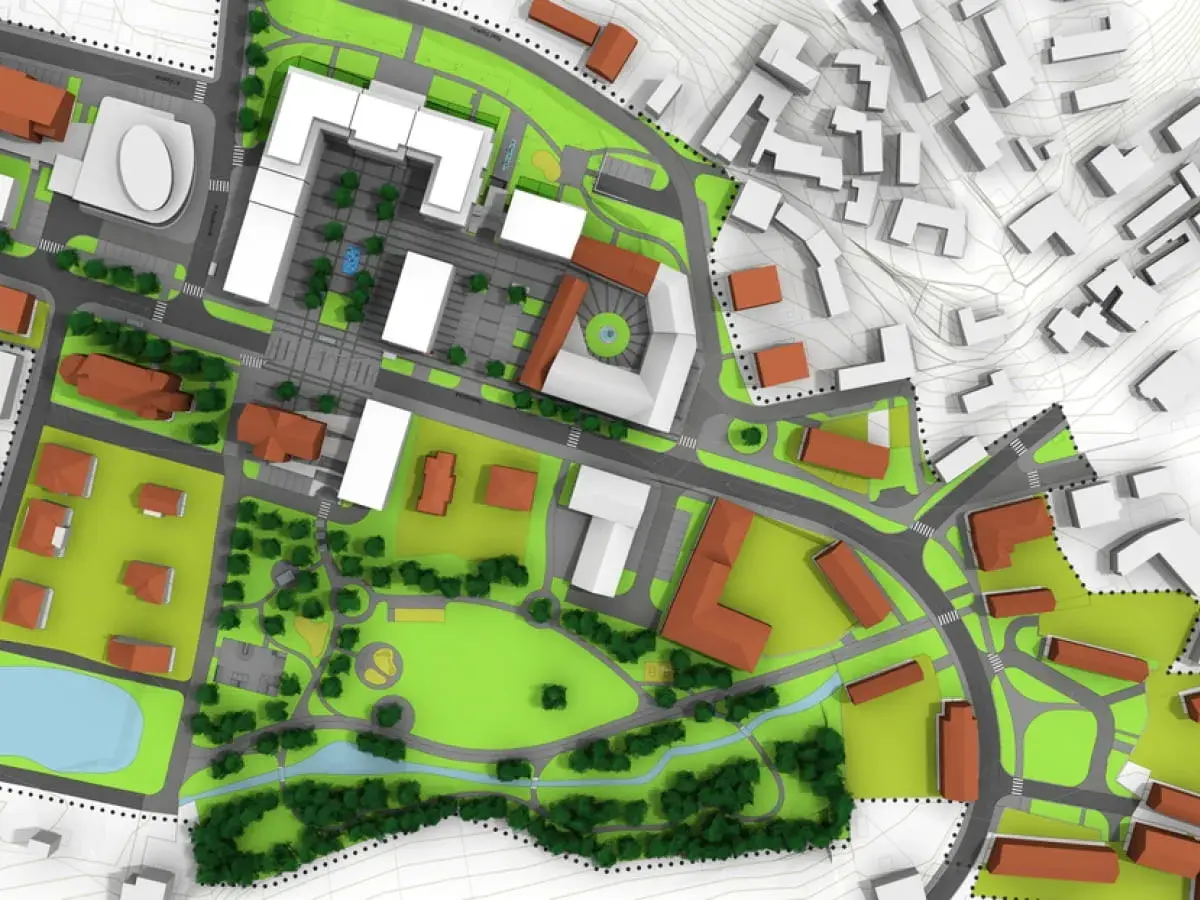 Wizualizacja urbanistyczna z budynkami, zielenią i drogami. Pokazuje, jak ominąć plan zagospodarowania przestrzennego, tworząc nowe rozwiązania.