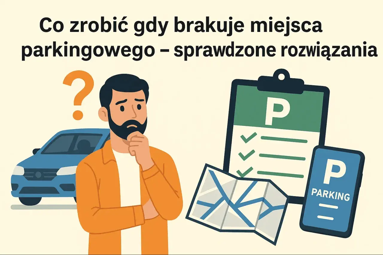 Zastanawiasz się nad pismem do spółdzielni w sprawie parkingu? Ilustracja pokazuje mężczyznę z pytajnikiem, mapę, znak parkingowy i listę kontrolną.