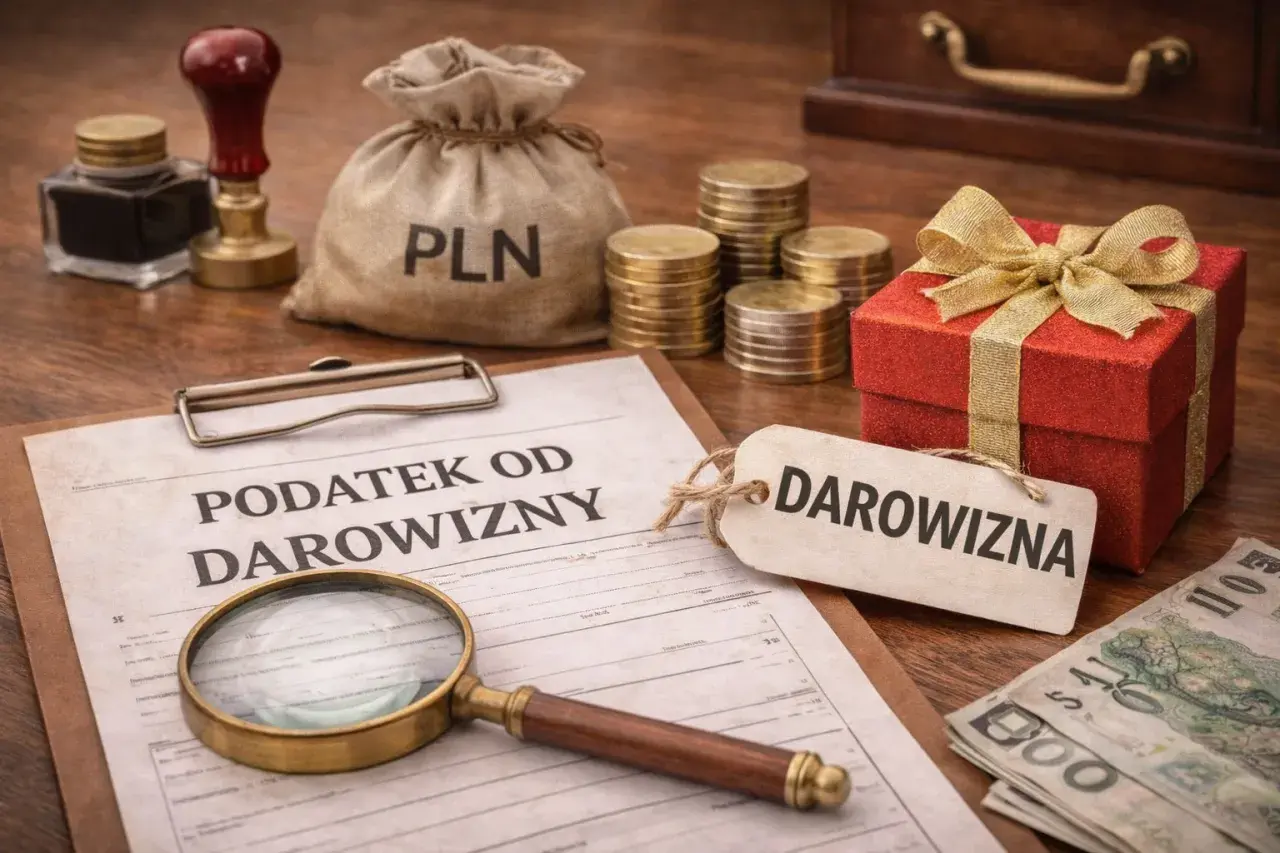 Dokument "Podatek od darowizny", prezent, monety i worek z napisem PLN. Rodzice dokonali darowizny.